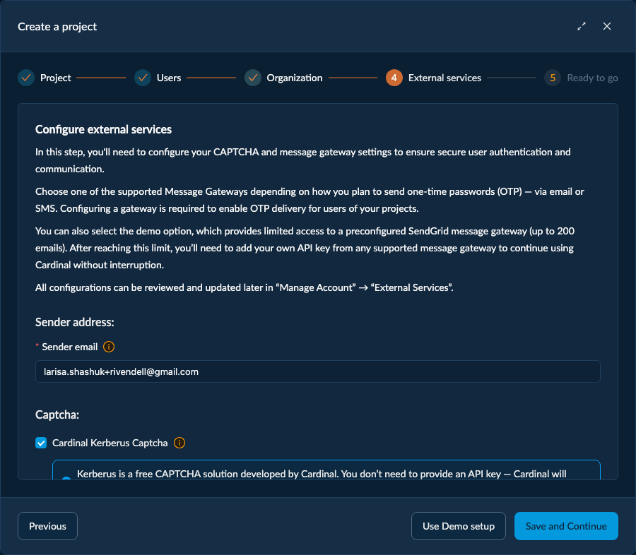 The External services step: the captcha and message-gateway provider options, with the Use Demo setup shortcut.