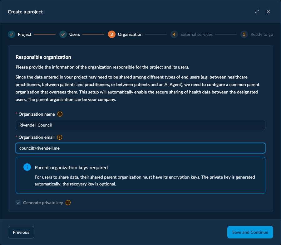 The Organization step: the parent organization's name and email, the keys-required notice, and the automatically generated private key.