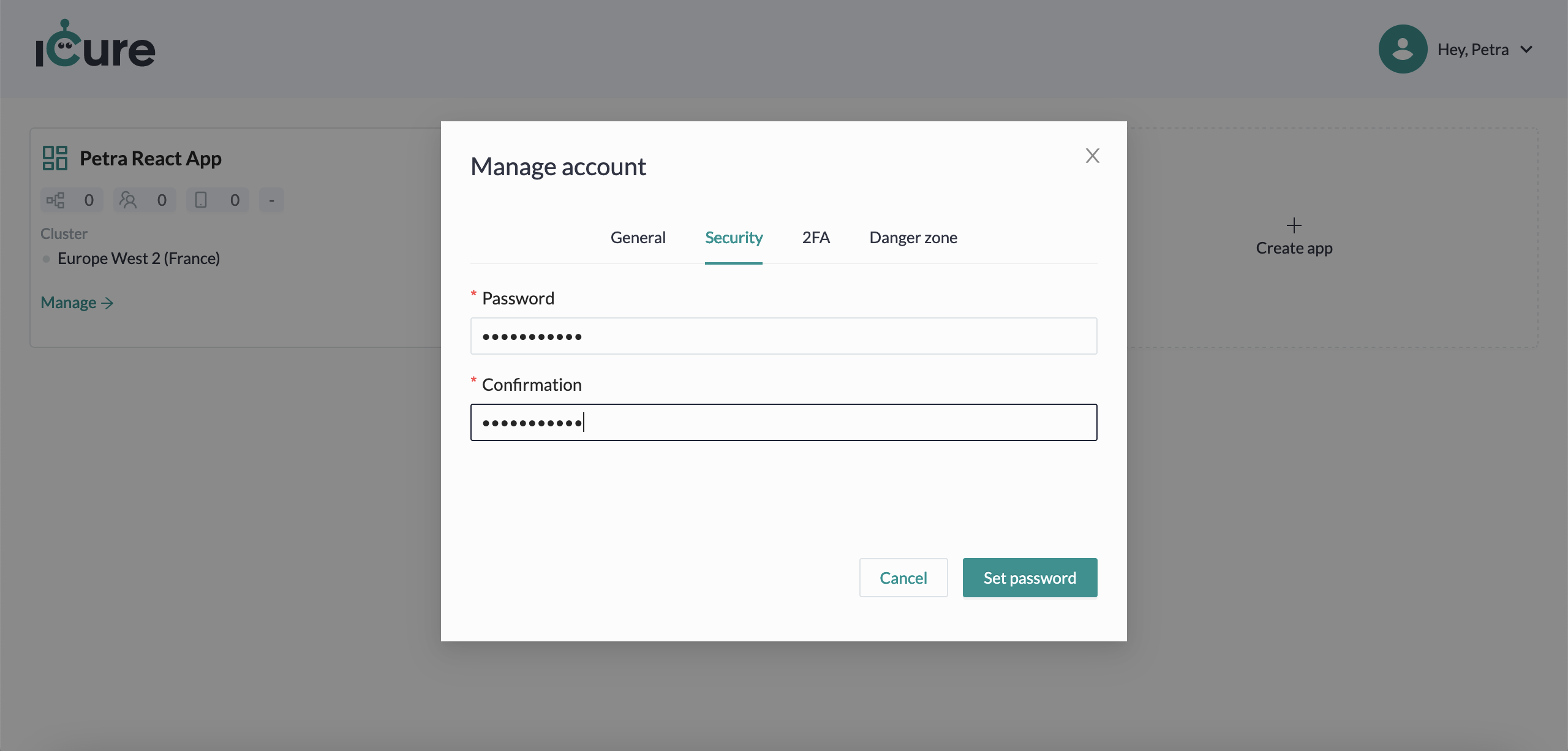 Manage account security set password